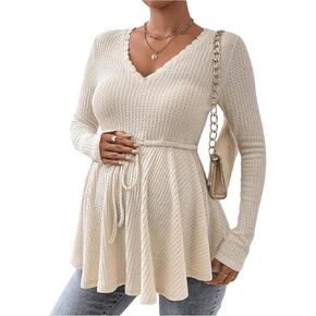 OYOANGLE Women's Maternity Waffle Knit Long Sleeve V Neck Shirt Drawstring Waist Ruffle Hem Pregnancy Tee Tops Knitwear