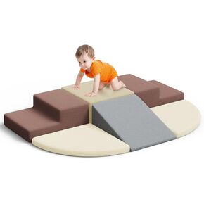 Baby Foam Climbing Blocks, 6 Pieces Soft Play Climbing Toys for Toddlers 1-3 Inside, Ultra High Density Soft Play Set with Velcro Fastening for Kids Crawling and Sliding，Cappuccino Color