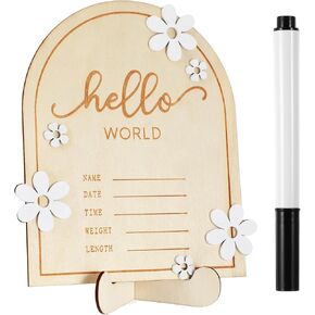 Hello World Newborn Sign, Wooden Birth Announcement Sign for Hospital with Holder & Pen, Name Announcement Board for New Baby, Baby Welcome Plaque for Girl Baby Shower Nursery Room Decor