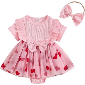 Newborn Baby Girl Valentines Day Outfit Ribbed Heart Romper Dress Tulle Bowtie Bodysuit Headband Infant Girl Dresses