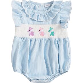 Newborn Baby Girl Smocked Romper Embroidery Peter Pan Collar Ruffle Sleeve Bubble Bodysuit Summer Outfit