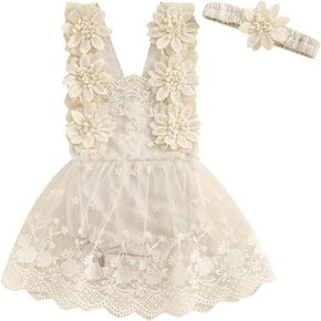 Newborn Baby Girl Romper Dress Lace Floral Sleeveless Tulle Dress with Headband Infant Summer Mesh Jumpsuits