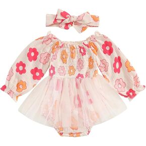 MERSARIPHY Baby Girl Fall Outfit Linen Newborn Dress Floral Smocked Pleated Bubble Romper Jumpsuit Infant Winter Clothes