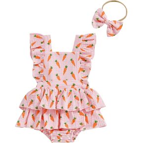 Baby Girls Flutter Sleeve Ruffles Layered Romper Dress Cute Patterns Printed Holiday Outfit with Headband