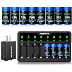 Hisewen 8 Pack CR123A Lithium Batteries, 3.7V 750mAh 123a Rechargeable Batteries with Charger for Arlo Camera VMC3030 VMK3200 VMS3230/3330/3430/3530 & Flashlights & Headlamp