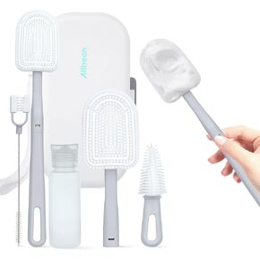 Bottle Brush Kit, Baby Travel Essential Baby Cleaner Set with Silicone Bottle Brush, Nipple Cleaner Brush, Straw Brush, 50ml Soap Dispenser, Storage Box, Bottle Drying Rack Easy Cleaning