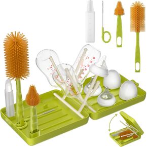 Baby Bottle Brush Set – 6-in-1 Travel & Home Bottle Cleaning Kit with Silicone Bottle Brush, Nipple & Straw Brush, Soap Dispenser, Foldable Drying Rack & Storage Case, BPA Free (Green)
