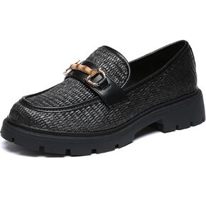 Women's Chunky Platform Loafers with Chain or Buckle Patent Leather Black Penny Loafers Fashion Office Shoes School Dress Shoes Comfort Slip-on