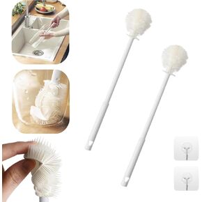 2 PCS Bottle Brush Professional Water Bottle Cleaner Bottle Cleaner Brush with Long Handle,Soft TPE Bristles for Sports Bottles, Glassware, Mugs, Jars(with 2 Adhesive Hooks)