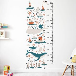 Watercolor Ocean Fish Ship Kids Growth Height Chart Wall Stickers Whales Dolphins Sea Lion Birds Wall Chart Peel and Stick Kids Baby Bedroom Nursery Height Measure Ruler Wall Decals