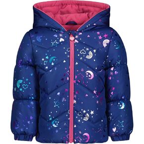 LONDON FOG Baby Girls' Hooded Puffer Winter Jacket with Stars & Moons Pattern & Matching Beanie, Navy, 6X