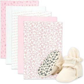 Zutano Newborn Girl Gift Set | 5 Pack Organic Burp Cloths and Oragnic Baby Booties, Bundle, Cream & Hearts, 6M