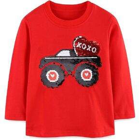 Valentine's Day Shirt for Toddler Boy Monster Truck Heart Flip Sequin T-Shirt Tractor Long Sleeve Kids Tops