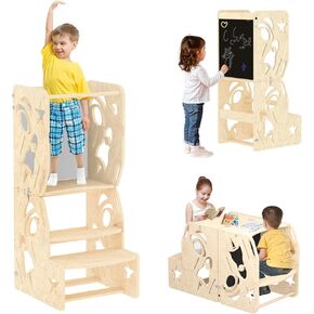 5-in-1 Toddler Tower, Children's Helper Stool, Montessori Toddler Standing Tower, Foldable, White, and Black Activity Chalkboard
