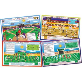 Tot Talk Sports Explorer Educational Placemat 4-Pack for Kids – Made in USA – Soccer, Baseball, Basketball, & Football – Durable, Double-Sided, Waterproof, Wipeable Learning Mats