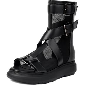 Bapolee Black Leather Mesh Open Toe Flat Platform Sandals With Buckle Strap Casual Travel Back Zipper Mesh Cool Ankle Boots