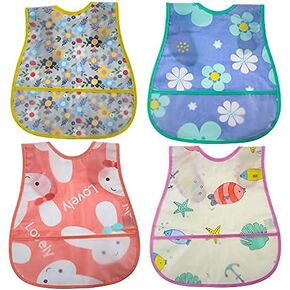 Baby Bibs Waterproof Baby Bib Infant with Snaps Fits Baby & Toddler 6-24 Months- 4pcs(Floral Bunny Fish)