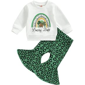 Toddler Baby Girl St Patricks Day Outfits Lucky Babe Long Sleeve Sweatshirt Green Flared Pants Set 2Pcs Clothes Set