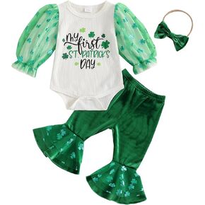Newborn Baby Girl Easter Outfits Letter Puff Long Sleeve Romper Bunny Print Bell Bottom Pants Headband 3Pcs Set