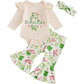 Newborn Baby Girl Valentines Day Outfit Heart Long Sleeve Romper Top Bell Bottoms Pants Set With Headband