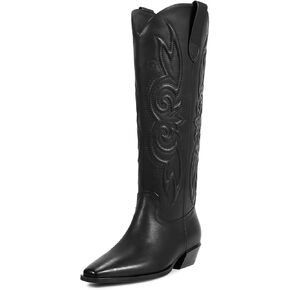 ISNOM Cowboy Cowgirl Boots for Women, Western Boots Square Toe Knee High Boots with Short Heel