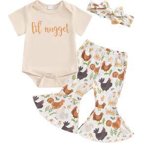 Gueuusu Infant Baby Girl Farm Outfit Little Nugget Bodysuit Chicken Floral Flare Pants Headband Newborn Coming Home Outfit