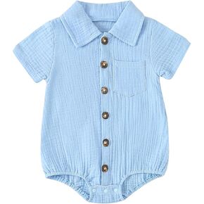 Baby Girl Boy Button Down Shirt Newborn Solid Color Short Sleeve Collared Romper Infant Summer Formal Bodysuit