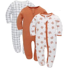 LAT 3-pack zip-up romper,Baby Sleep and Play Pajamas 00% Organic Cotton, Infant Girls Boys One-Piece Footies Romper Newborn