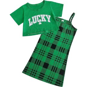 Toddler Girls Plaid St. Patrick's Day Outfits - Lucky Shamrock Cute Preppy Clothes Crop Tops Cami Dress 2Pcs Set