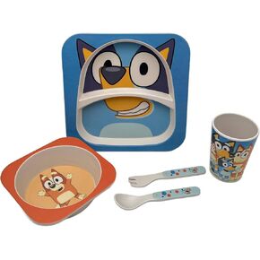 Bamboo Dinnerware Set Piece BPA-Free, Dishwasher Safe Including Divided Plate, Bowl, Cup with Safe Rounded Utensils and Bingo Cartoon Design to Inspire Toddler Self-Feeding