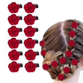 12Pcs Mini Red Rose Flower Hair Clips for Women Tiny Hair Barrettes Vintage Bridal Headpiece Wedding Valentine Day Hair Accessories for Baby Girls (Pink)