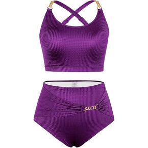 Hanna Nikole Women Plus Size Bikini Sets High Waist Tummy Control Ribbed Texture Swimsuit with Chain Accent