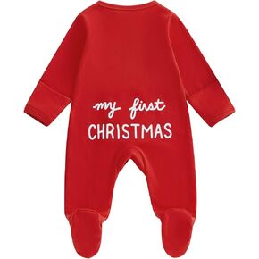 Lamuusaa Newborn Baby Girl Boy Christmas Outfit My First Christmas Footie Romper Zipper Bodysuit Jumpsuit Fall Winter Clothes