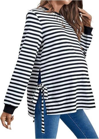 MakeMeChic Women's Maternity Sweatshirts Striped Long Sleeve Round Neck Tie Side Pregnancy Pullovers Tops in Saudi Arabia