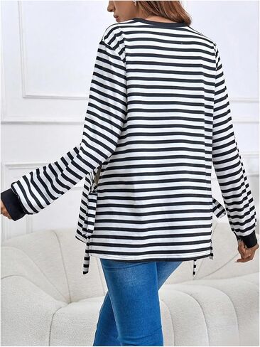 MakeMeChic Women's Maternity Sweatshirts Striped Long Sleeve Round Neck Tie Side Pregnancy Pullovers Tops in Saudi Arabia