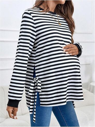MakeMeChic Women's Maternity Sweatshirts Striped Long Sleeve Round Neck Tie Side Pregnancy Pullovers Tops in Saudi Arabia