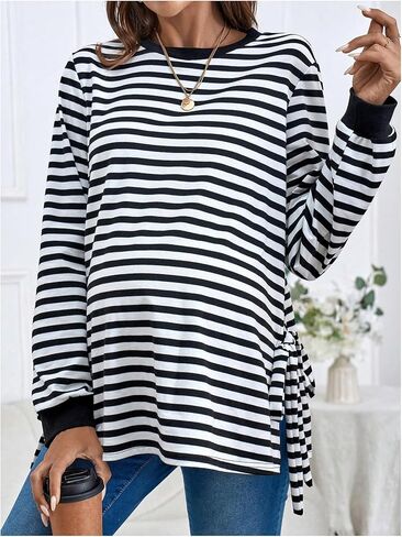 MakeMeChic Women's Maternity Sweatshirts Striped Long Sleeve Round Neck Tie Side Pregnancy Pullovers Tops in Saudi Arabia