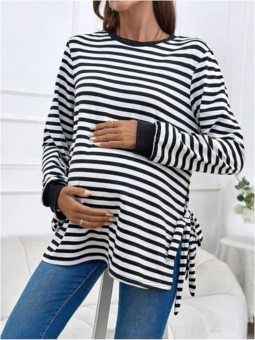 MakeMeChic Women's Maternity Sweatshirts Striped Long Sleeve Round Neck Tie Side Pregnancy Pullovers Tops in Saudi Arabia