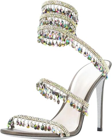 Rhinestone Tassel Wrap Around High Heels Stiletto Sandals for Women, Women's Colorful Diamonds Twist Around Open Round Toe Lace up Heeled Sandals Date Banquet Dress Wedding Prom High Heeled Shoes in Saudi Arabia