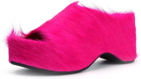 XOBZJH Long-Hair Calfskin Chunky Clog Slide for Women - Memory Foam Luxury Slip on Shoes Women's Mules & Platform Clogs,Designer Mules for Women 2024 in Kuwait