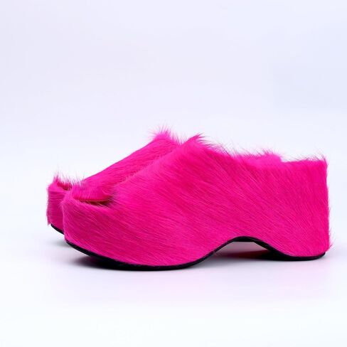 XOBZJH Long-Hair Calfskin Chunky Clog Slide for Women - Memory Foam Luxury Slip on Shoes Women's Mules & Platform Clogs,Designer Mules for Women 2024 in Kuwait