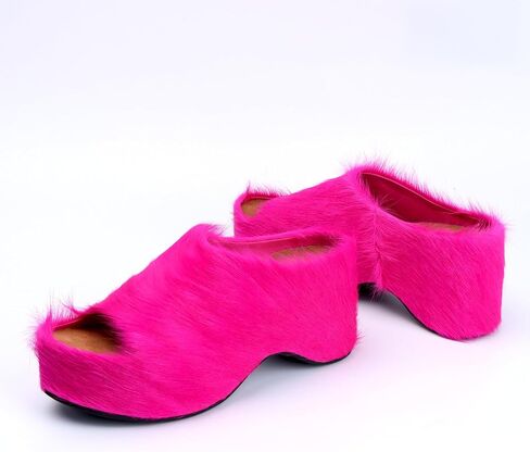 XOBZJH Long-Hair Calfskin Chunky Clog Slide for Women - Memory Foam Luxury Slip on Shoes Women's Mules & Platform Clogs,Designer Mules for Women 2024 in Kuwait
