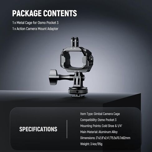 Neewer Pocket 3 قفص ، ألومنيوم سبيكة تسجيل فيديو GIMBAL مع محول امتداد الكاميرا Action 1/4 "Threads أحذية باردة متوافقة مع DJI Osmo Pocket 3 Creator Combo ، لا حاجة للتجميع ، AC009 in Kuwait