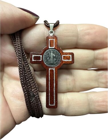 Catholica Shop Saint Benedict Medal Wood Crucifix Pendant Cord Necklace. Religious Necklace for Men and Women. Made in Brazil in Kuwait