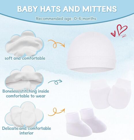 Cotton Baby Hats Mittens and Socks Set Unisex, Toddler No Scratch Mittens and Beanie Cap Infant Newborn Hospital Hat in Kuwait