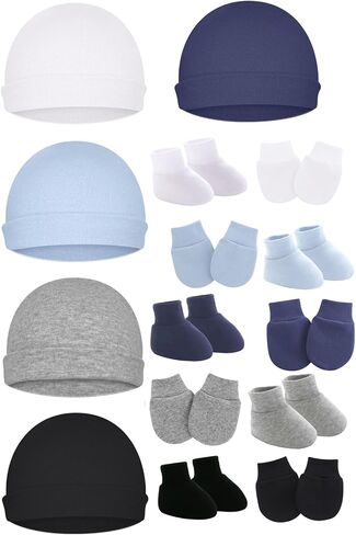 Cotton Baby Hats Mittens and Socks Set Unisex, Toddler No Scratch Mittens and Beanie Cap Infant Newborn Hospital Hat in Kuwait