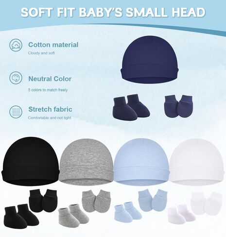 Cotton Baby Hats Mittens and Socks Set Unisex, Toddler No Scratch Mittens and Beanie Cap Infant Newborn Hospital Hat in Kuwait