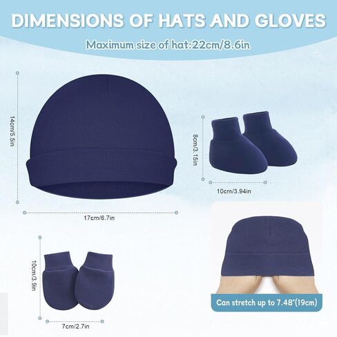 Cotton Baby Hats Mittens and Socks Set Unisex, Toddler No Scratch Mittens and Beanie Cap Infant Newborn Hospital Hat in Kuwait