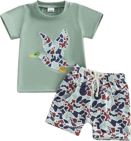 Toddler Baby Boy Hunting Clothes Mallard Duck Short Sleeve T-Shirt Tops Camo Shorts Set 2 Piece Summer Outfits in Kuwait
