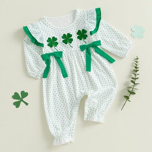My First St Patricks Day Baby Girl Outfit Ruffle Long Sleeve Lucky Romper Four-Leaf Clover Jumpsuit Spring Clothes in Kuwait
